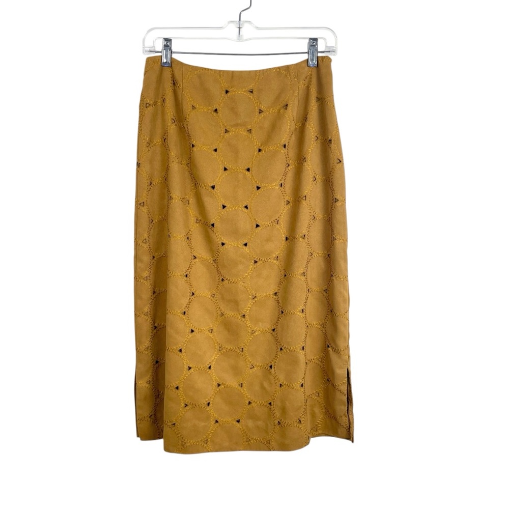 Coldwater Creek Mustard Eyelet Midi Skirt with Subtle Side Slits